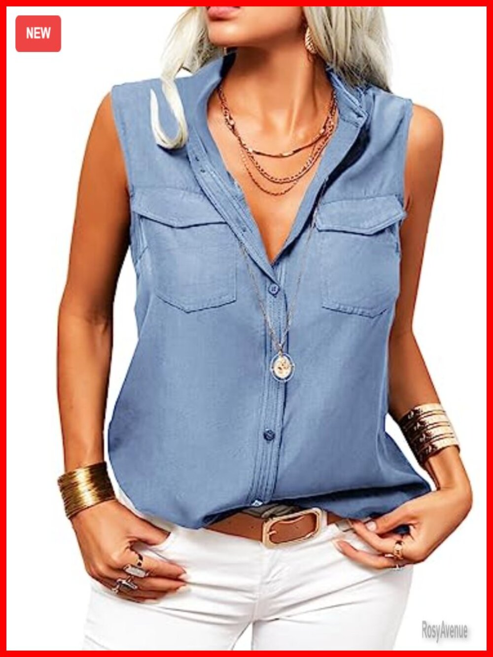 Lapel Sleeveless Button Down Tank Top Summer Office Work Shirt